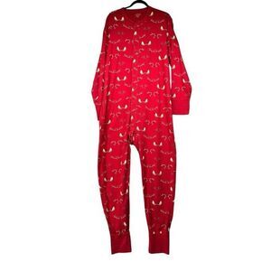 J. Crew Union Suit Mens Large Red One Piece Pajamas Antler Print Hunting Camping